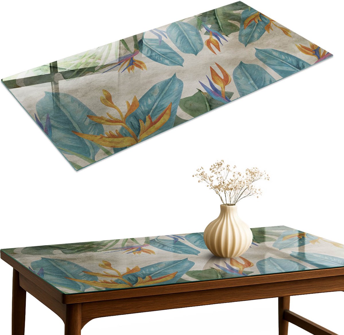 ArtPrintCave Tropische flora Glazen Tafelblad 120x60 cm - Tafelblad Rechthoek - Blauw Glasplaat - Bloemen en planten Tafelblad Glas