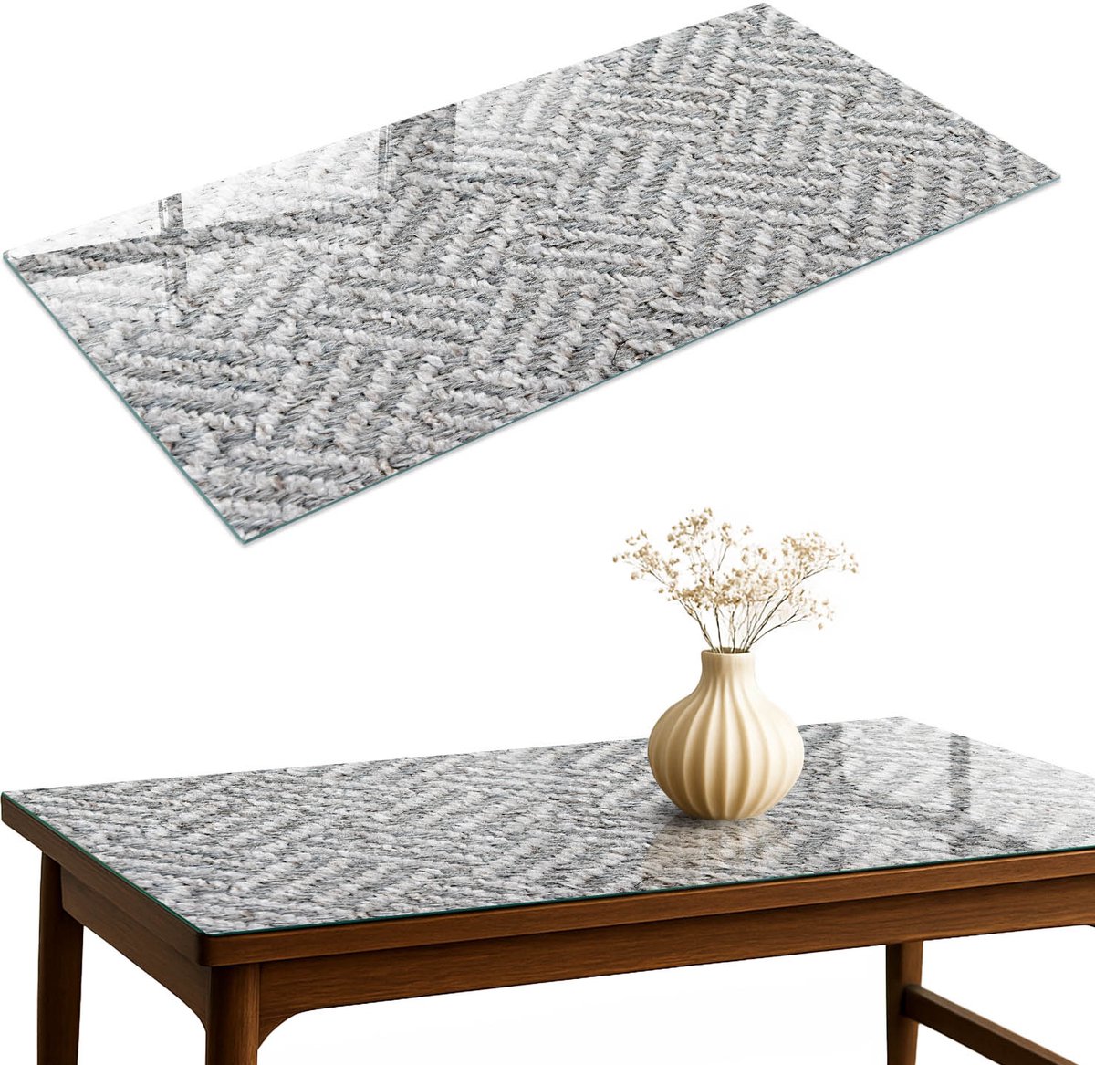 ArtPrintCave Grijze visgraat Glazen Tafelblad 120x60 cm - Tafelblad Rechthoek - Grijs Glazen Eettafel - Teksten Keukentafel