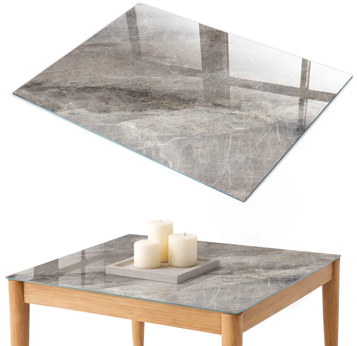 ArtPrintCave Steenstructuur Glazen Tafelblad 100x70 cm - Tafelblad Rechthoek - Grijs Keukentafel - Teksten Tafelblad Glas