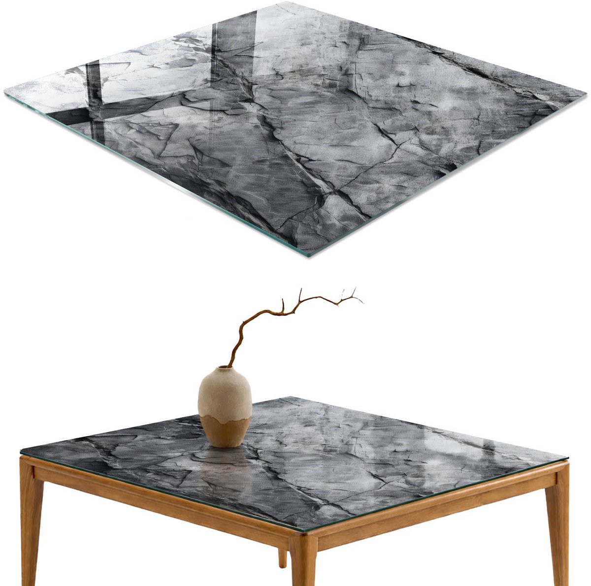 ArtPrintCave Rotsstructuur Glazen Tafelblad 60x60 cm - Tafelblad Rechthoek - Grijs Glasplaat - Texturen Eettafel Met Glasplaat