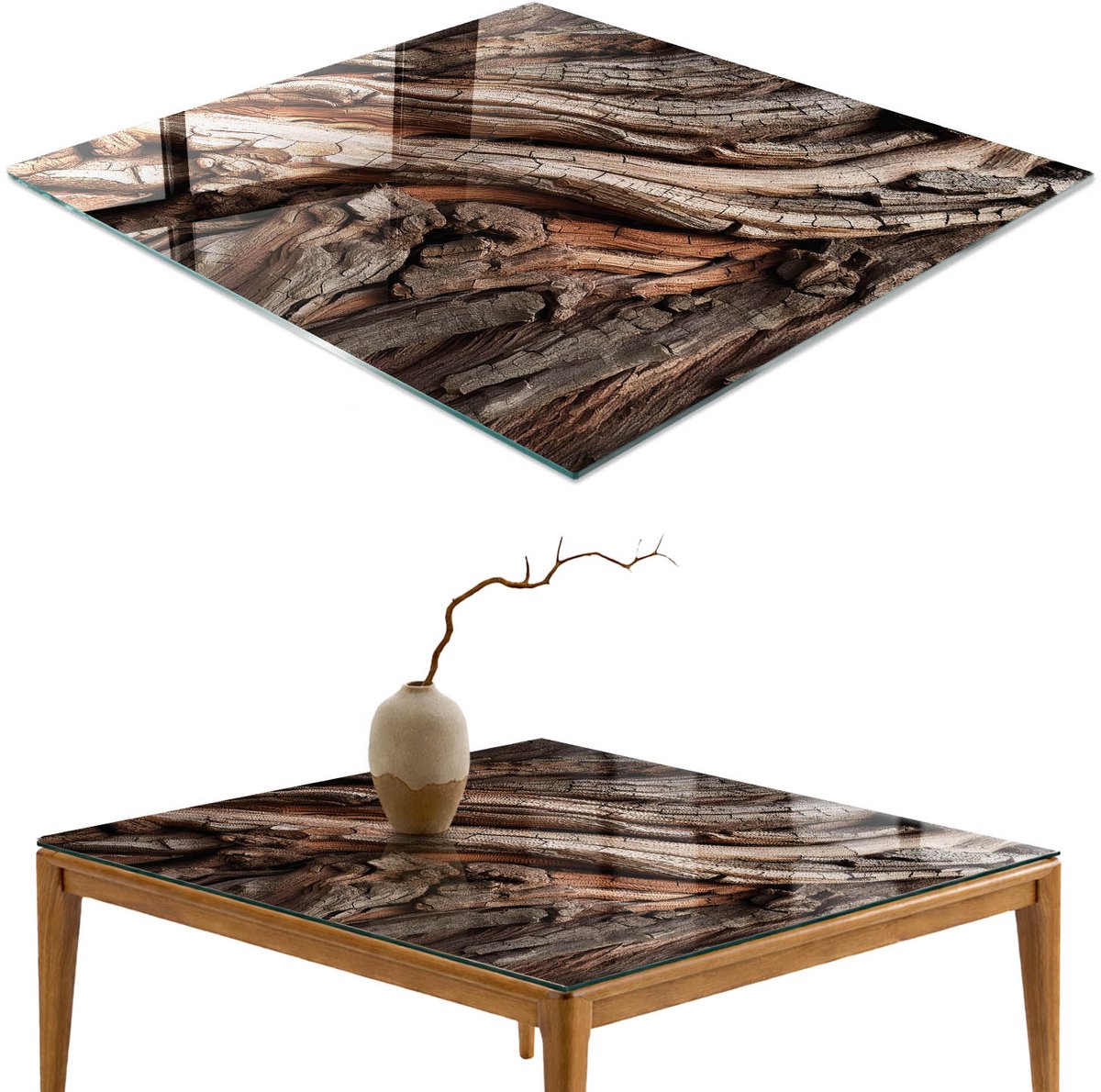 ArtPrintCave Boomvlechtwerk Glazen Tafelblad 60x60 cm - Tafelblad Rechthoek - Bruin Keukentafel - Natuur Glasplaat