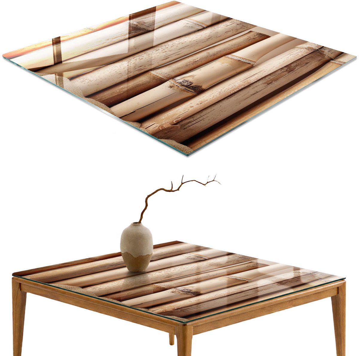 ArtPrintCave Bamboe-motief Glazen Tafelblad 60x60 cm - Tafelblad Rechthoek - Beige Keukentafel - Natuur Terrastafel