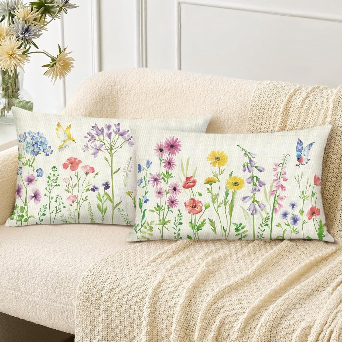 Decoratieve Kussenslopen met Lente Bloemen en Vogels 30x50cm voor Sofa en Bed - Set van 2, Polyester Linnen, Tuin Decoratie
