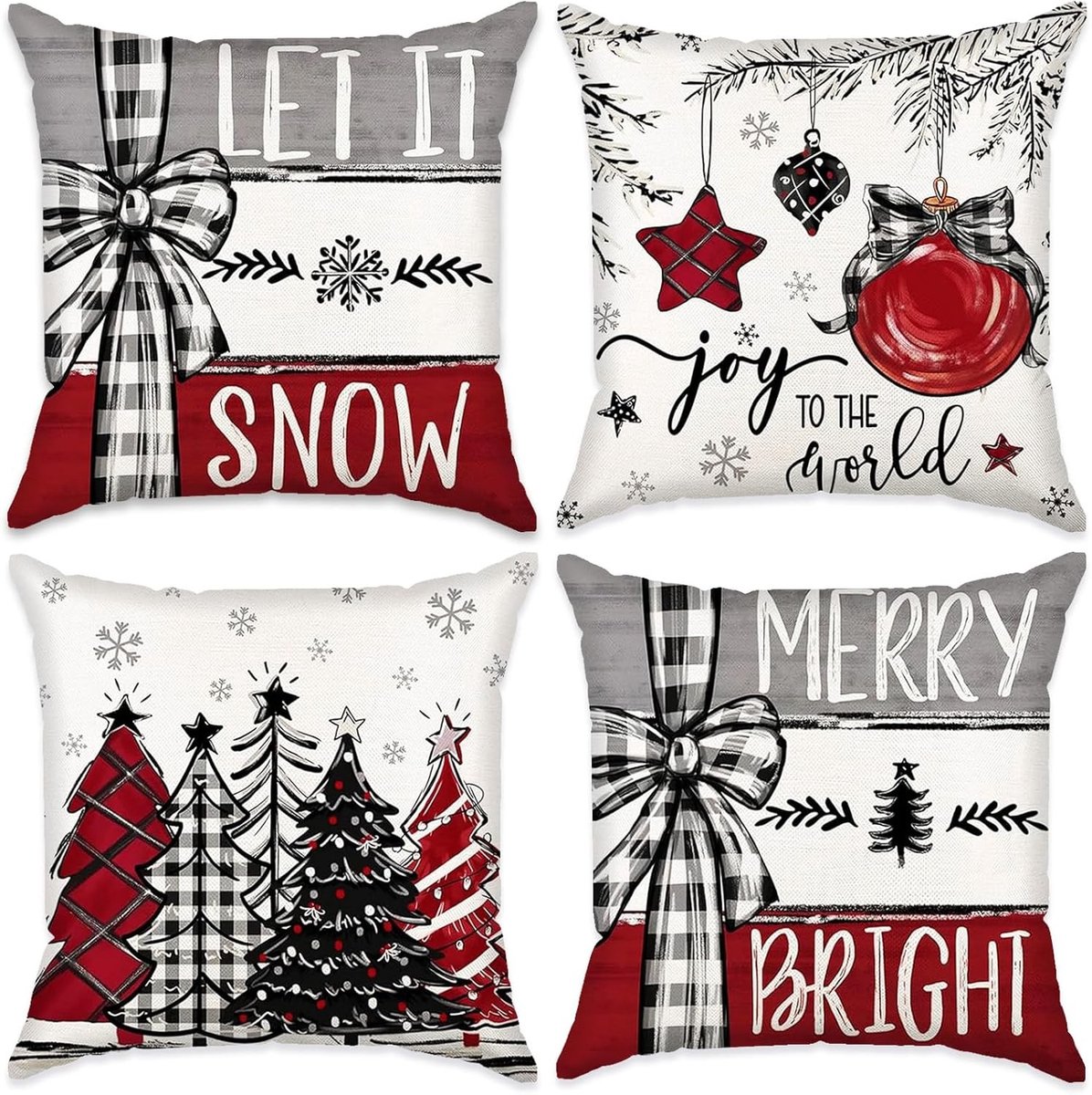 Kerstkussens voor de bank, set van 4, 45 x 45 cm, linnen decoratie voor Kerstmis, sfeervolle kussenslopen voor jouw interieur