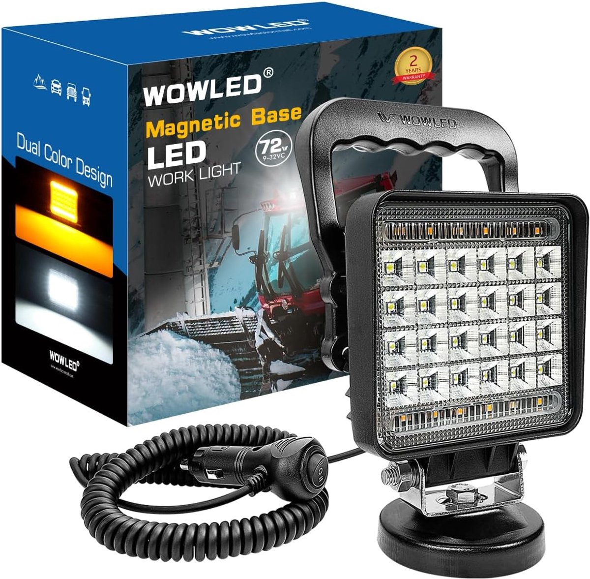 SnelShoppen - Vierkante Magnetische Basis LED Werklamp Dubbele Kleur 72 Watt - Amber en Wit Licht - Draagbare Autospot voor Mistlicht, Rijlicht, Campi