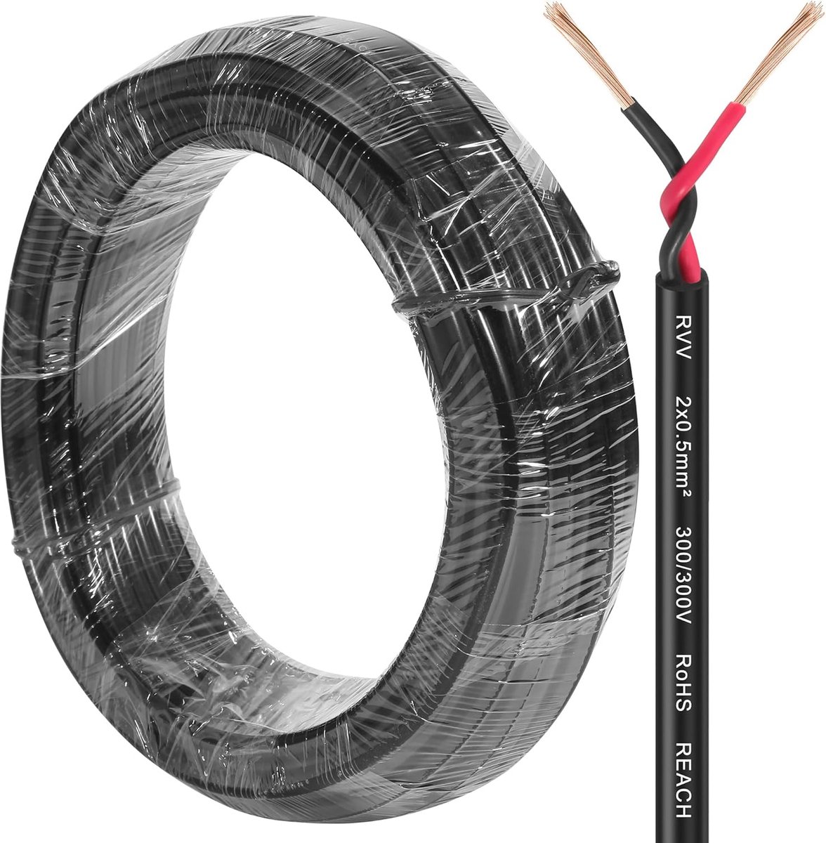 SnelShoppen - 2 Draad Trailer Kabel 20M, 2 Draad Ronde Trailer Kabel, 2-Pin Trailer Verlichtingskabel, 2 x 0.5mm² Voertuig Kabel voor Caravan, Boot en