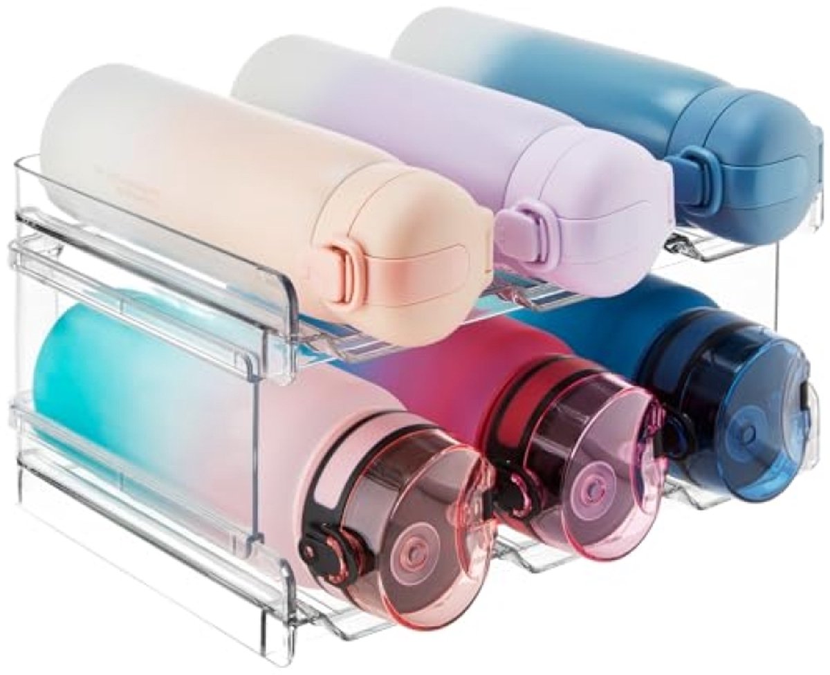 Huis Geluk Stapelbare Waterfles Organisator 2-Pack - Plastic Bekerhouder voor Kast, Vriezer, Pantry en Aanrecht - Houdt 6 Flessen (2 x 3)