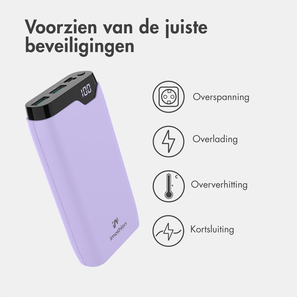 imoshion® Powerbank 20000 mAh - 22.5W Snellader - USB C / USB A - LED Display - Powerbanks - Universeel - Noodpakket - Lila — cadeau in Telefoon & Tablet - foto 7
