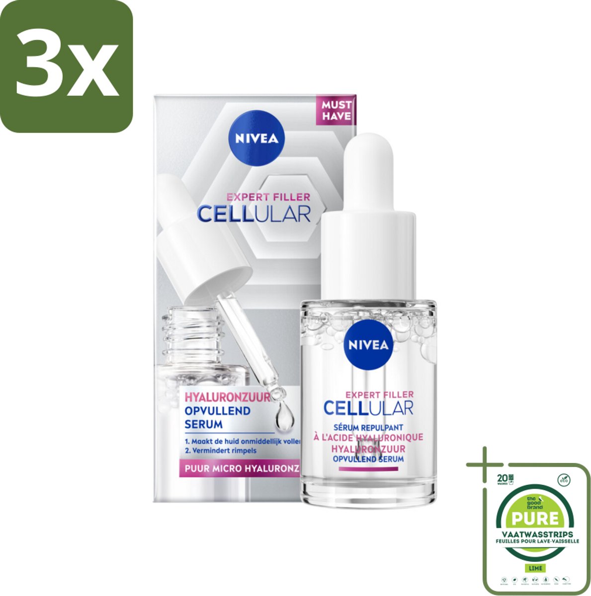 3 x Nivea - Cellular - Expert Filler Hyaluronzuur Serum - Rimpelvullend en Hydraterend - 15 ml - Grootverpakking - NIVEA Cellular Expert Filler - Hyaluronzuur Serum - Anti-aging Serum - Rimpelvullend Serum - Hydraterend Serum