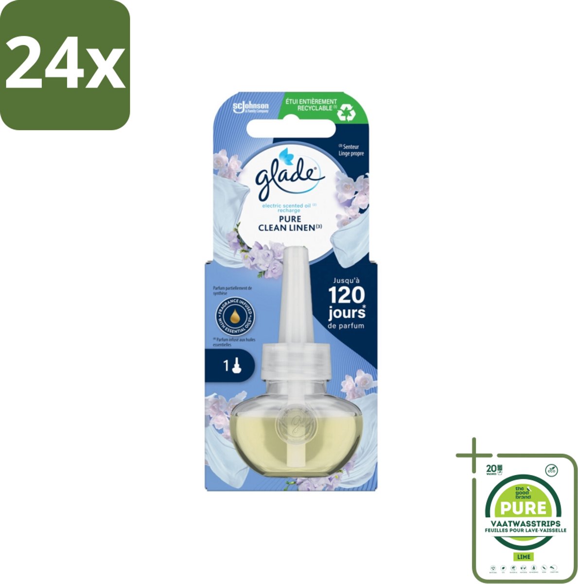 Glade - Navulling Elektrische Olie - Pure Clean Linen - Zonder Houder - Voordeelverpakking - 24 stuks - Geur - Luchtverfrissers