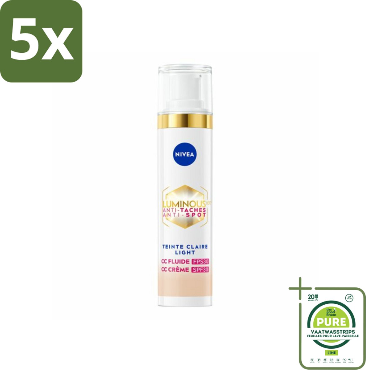 5 x NIVEA - Cellular LUMINOUS630 CC Crème Licht - Gekleurde Dagcrème - Tegen Pigmentvlekken - SPF 30 - 40 ml - Grootverpakking - Gekleurde Dagcrème - Anti-pigmentvlekken - CC Cream - NIVEA Cellular LUMINOUS630 - SPF 30