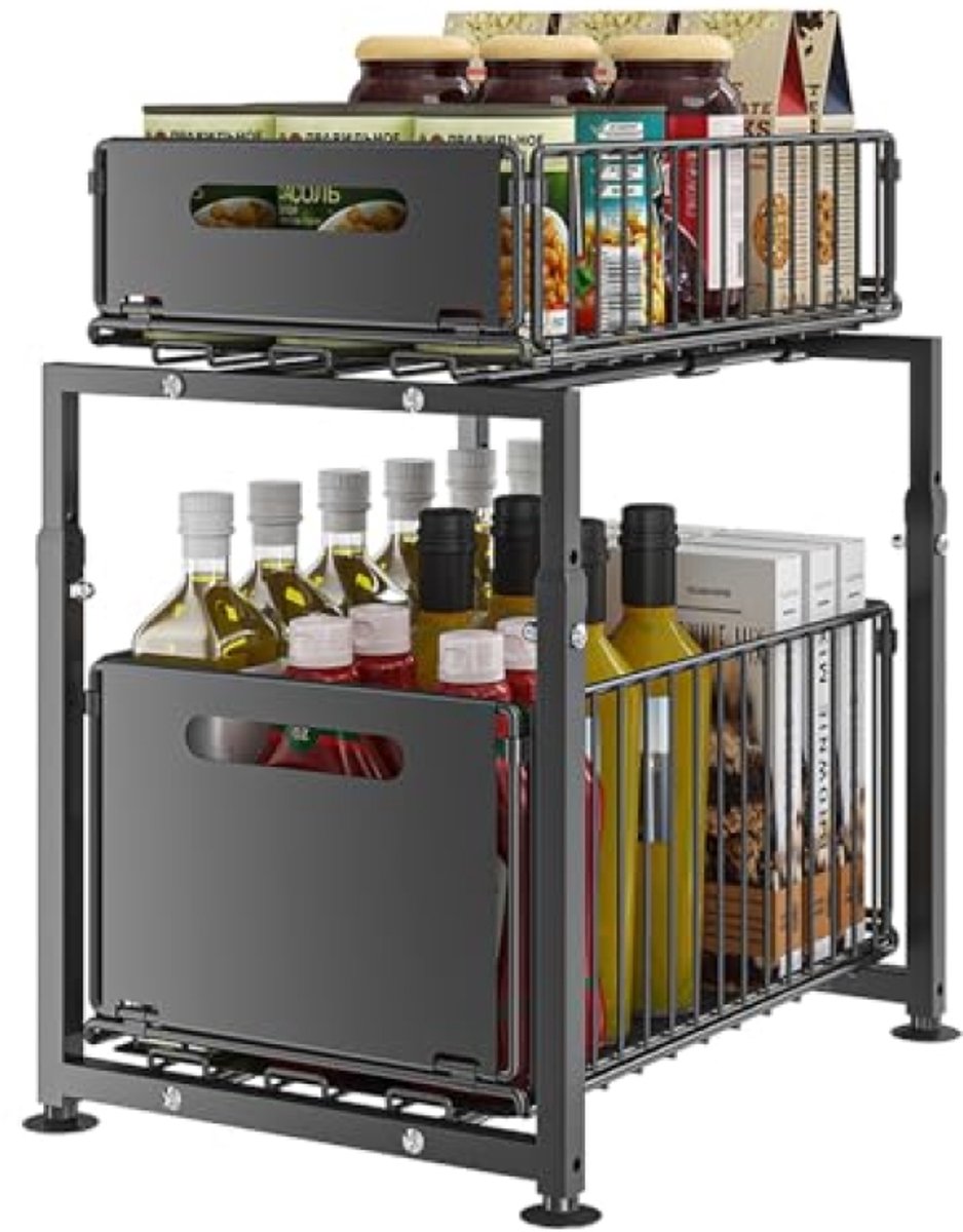 Huis Geluk Opslag onder de gootsteen 2 niveaus Metalen keukenorganizer Uittrekbare kruidenrek Zwart Model-A