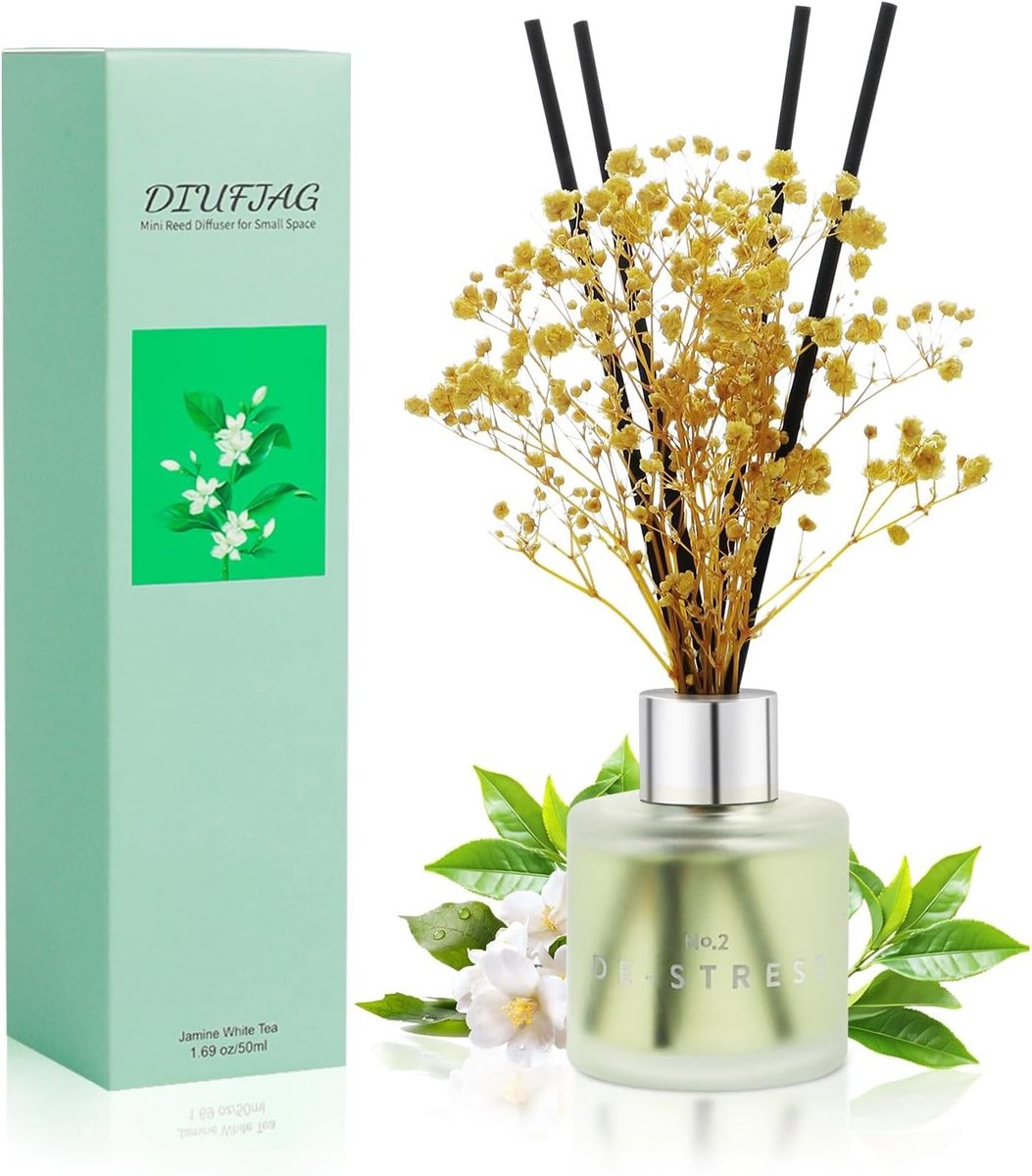 Aroma Diffuser met Jasmijn Witte Thee, 50ml Geurverspreider voor Badkamer en Kleine Ruimtes, Tot 30 Dagen Lang Geur