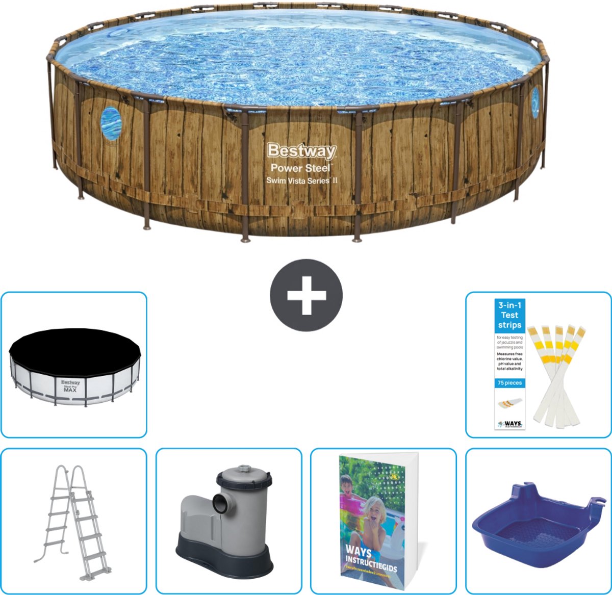 Bestway Rond Power Steel Swim Vista Zwembad - Houtprint - 549 x 122 - Inclusief Pomp - Ladder - Afdekzeil - Voetenbad - 7-delig