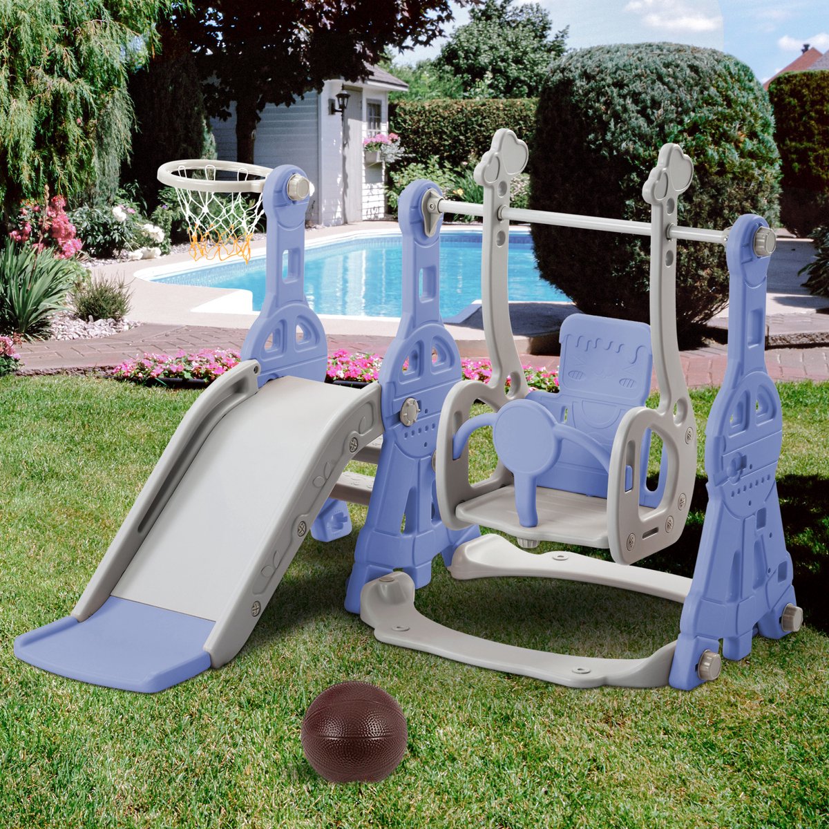 Kinderglijbaan 4 in 1, kinderspeeltoestel met glijbaan, schommel, ladder en basketbalring, buitenspeelgoed van hdpe, blauw