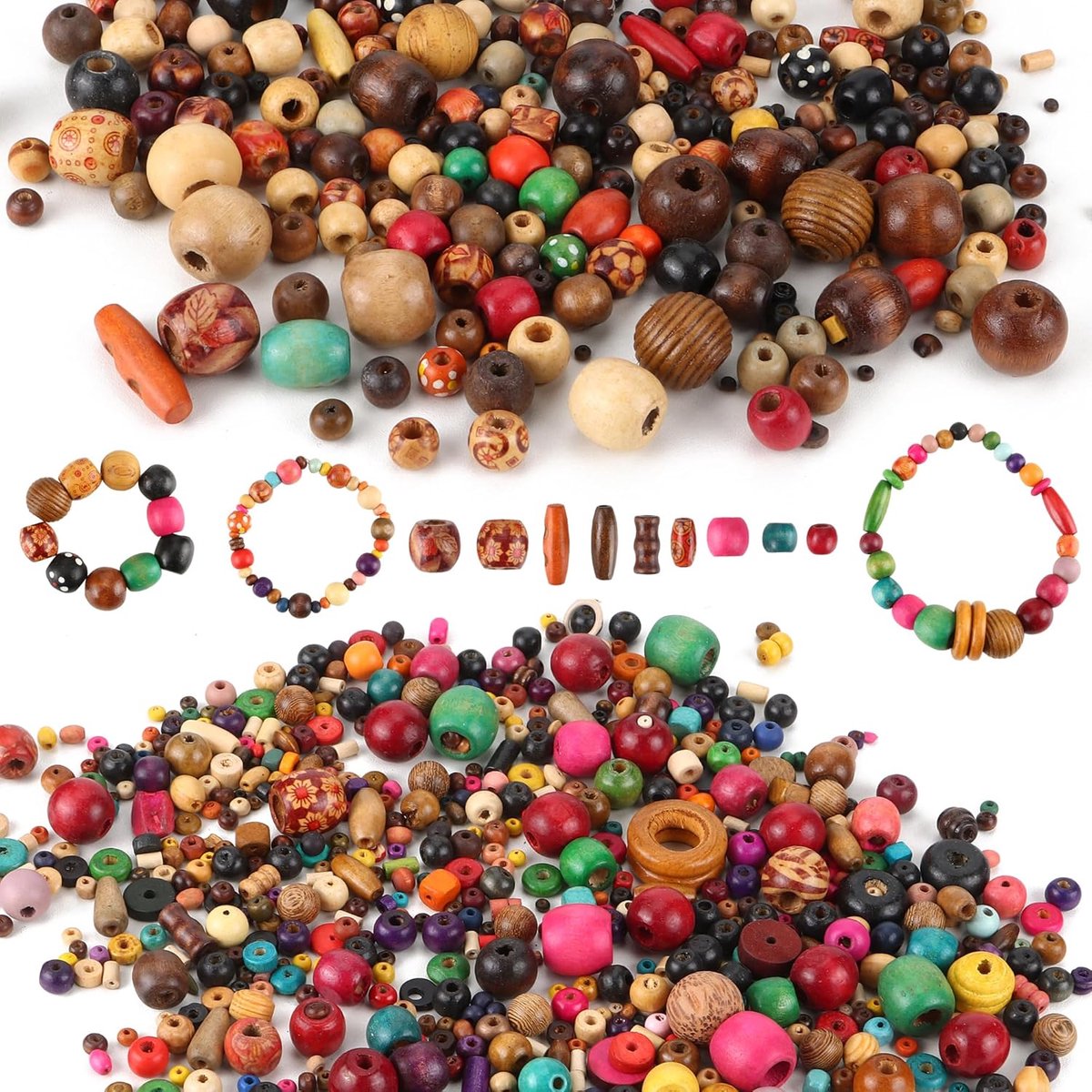 SnelShoppen - 600 Stuks Natuurlijke Houten Ballen Losse Diverse Vormen Geprinte Ballen voor DIY Knutselen Armbanden Halskettingen Versieringen Creativ
