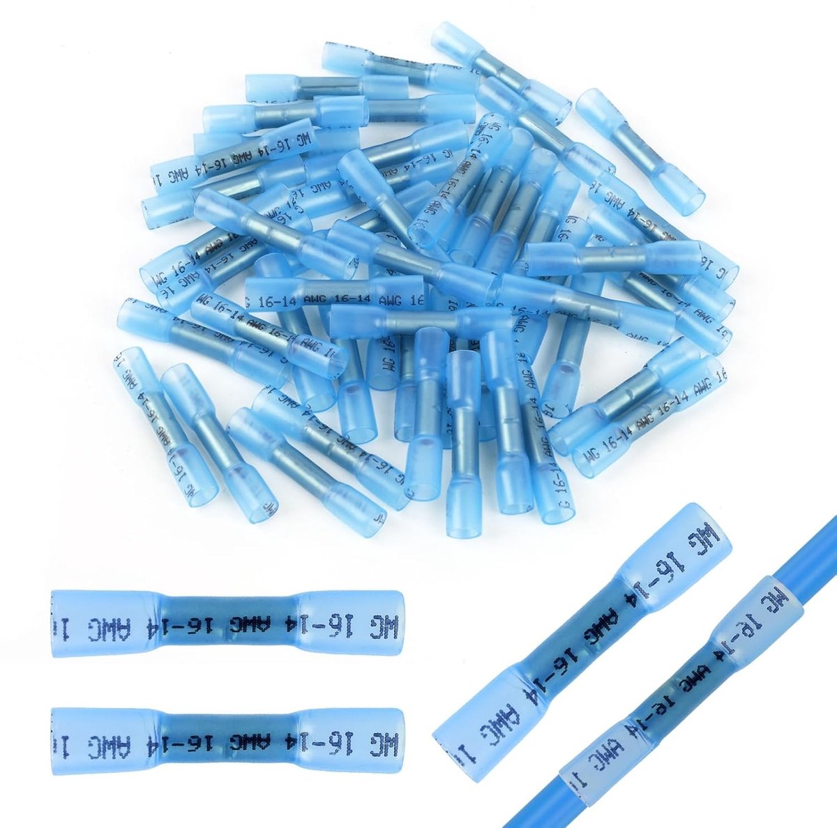 SnelShoppen - Pack van 50 Waterdichte Warmte Krimp Aansluitingen, 16-14 AWG, Blauwe Kabel Aansluitingen, Duurzame Warmte Krimp Connectors voor Veilige