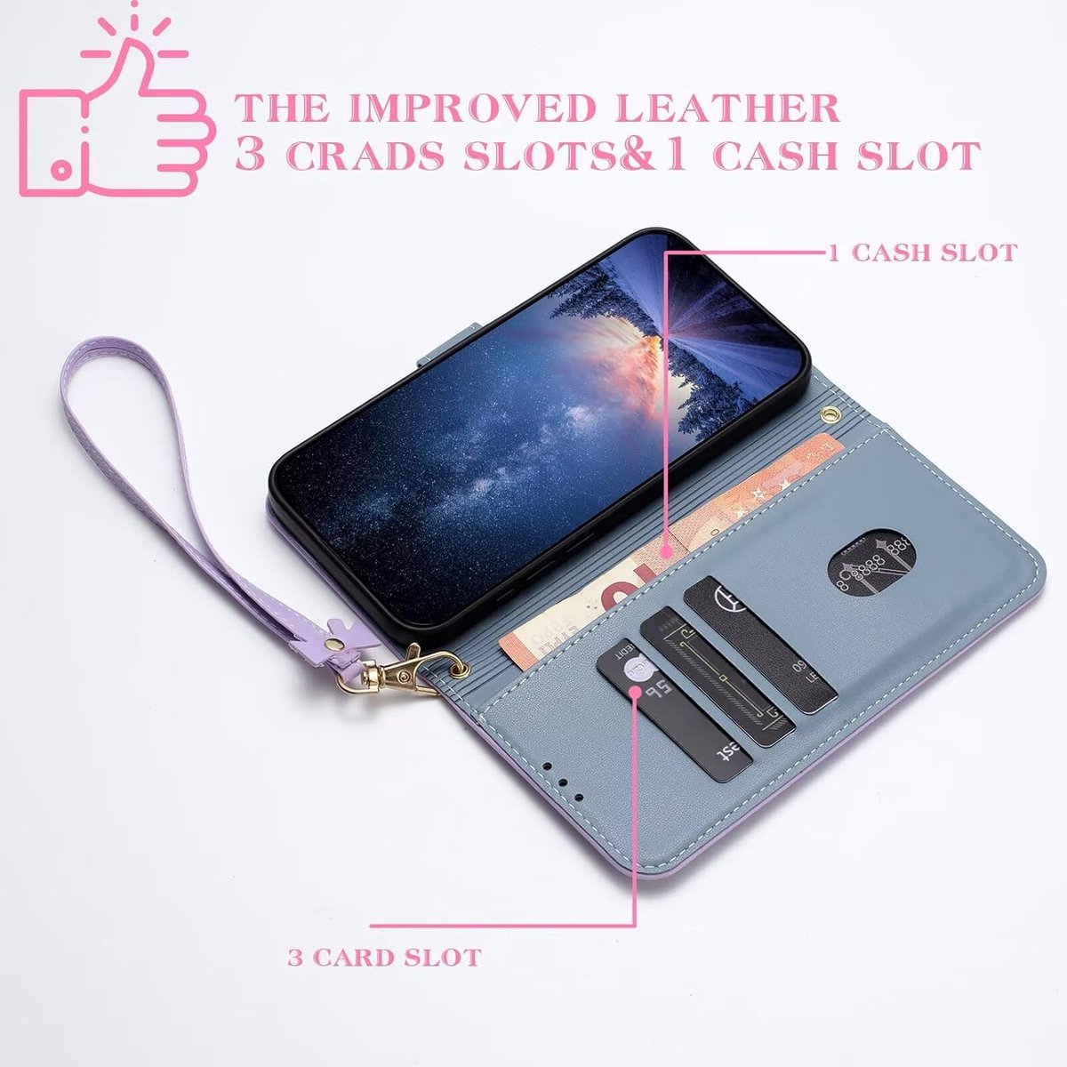 Telefoonketting voor iPhone 17 Pro Max, afneembaar koord met magneetsluiting, klaphoes met kaartenvak en standaard, paars