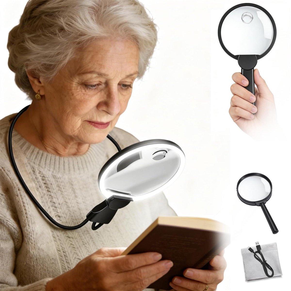 Omgoods - Oplaadbare Vergrootglas met Licht - Handsfree Lezen en Werken