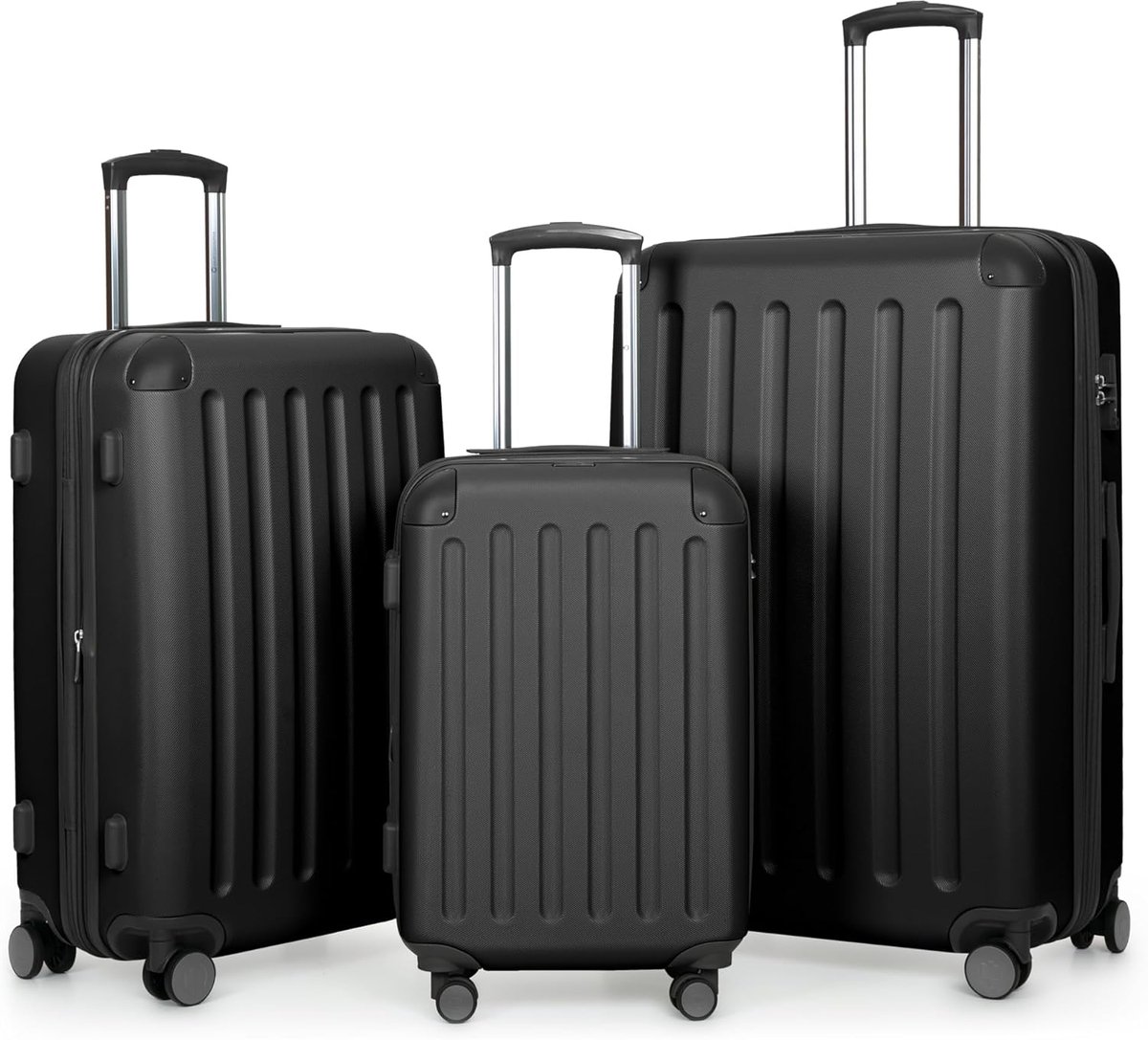 Kofferset 4 dubbele wielen, trolley-set, uitbreidbare reiskoffer, (S, M & L), Zwart