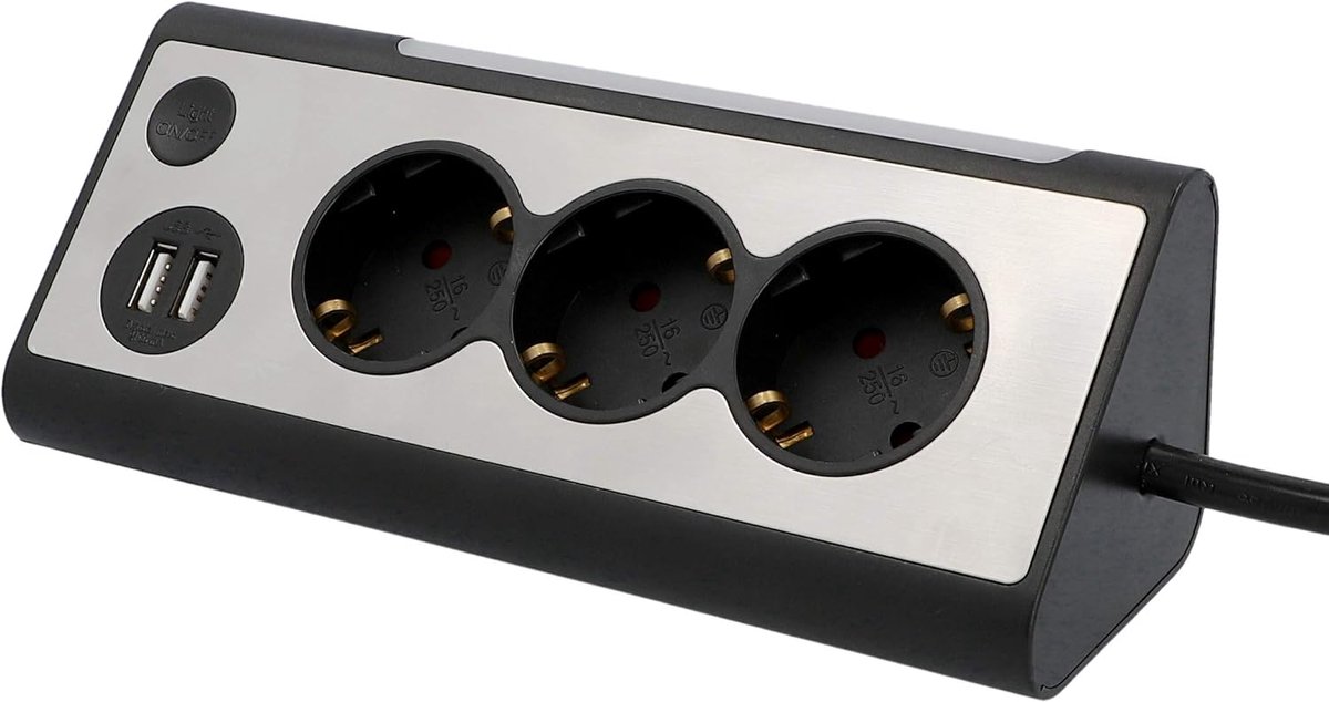 Hoekstekkerdoos, 2 USB-laadaansluitingen, 3 stopcontacten, led-verlichting, aanraakschakelaar, roestvrijstalen voorkant