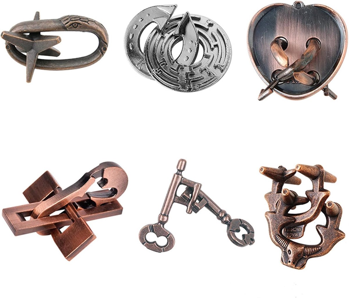 6 stks Brain Teaser Metalen Puzzels, Klassieke Mini Metalen Puzzels Set, Denkspel IQ Challenge Puzzelspellen Speelgoed Knopen Slot Puzzel Cadeau voor Volwassenen Tieners Kinderen