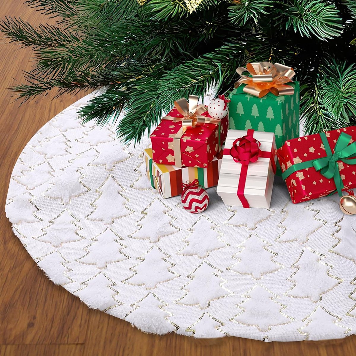 witte pluche kerstboomdeken, 90 cm, pailletten, kerstboomdeken, rond, voor kerstboomstandaard, huistapijt