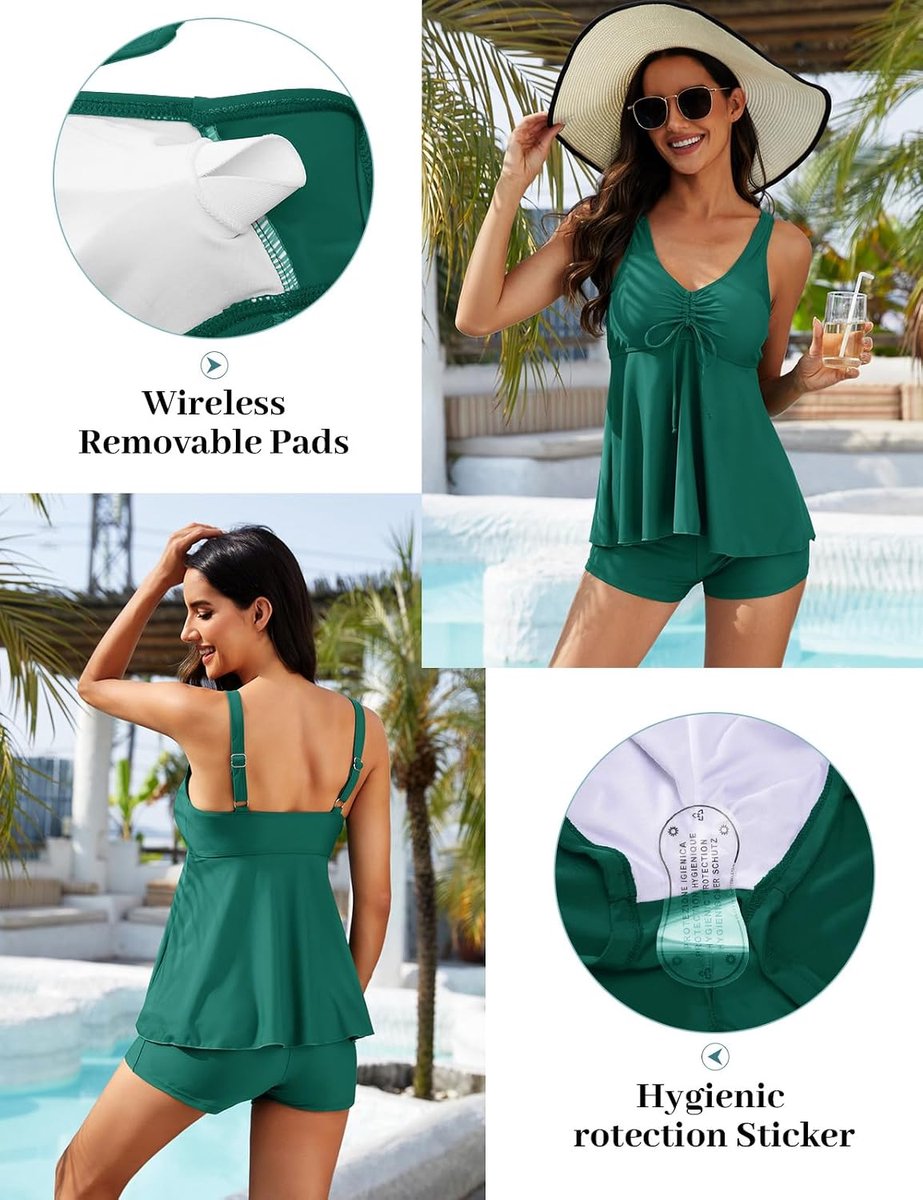 Tweedelig badpak voor dames, V-hals, tankini-set, badpak, gevoerd, push-up-beha, badmode, bloemen, tankini, tops, shorts, oversized, strandkleding