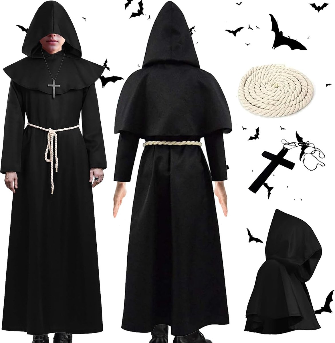 XL monnikskostuum, volwassenen heren tovenaar priesterrobe, priesterkostuum, monnik priester gewaad, heren capuchon monnikgewaad priester kostuum, Halloween, carnaval en rollenspel
