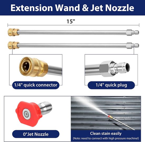 Hogedrukreiniger, 15 inch, 1200-4000 psi, met verwisselbare borstel, duurzaam materiaal, 1/4 inch-snelsluiting, 2 x 15 verlengbuizen, 0°-jet-mondstuk, 4 spuitmondstukken — afbeelding 3