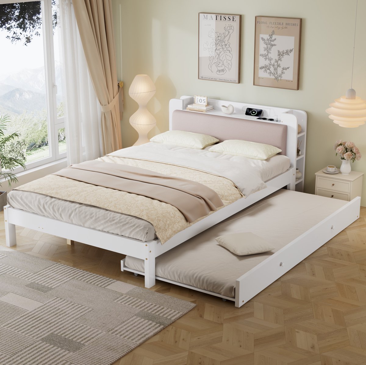 MIVRAY Bed 120x200 Cm Met Uitschuifbed 90x190 Cm Zonder Matras Wit Hout Met Gewatteerd Hoofdbord En Oplaadpunt