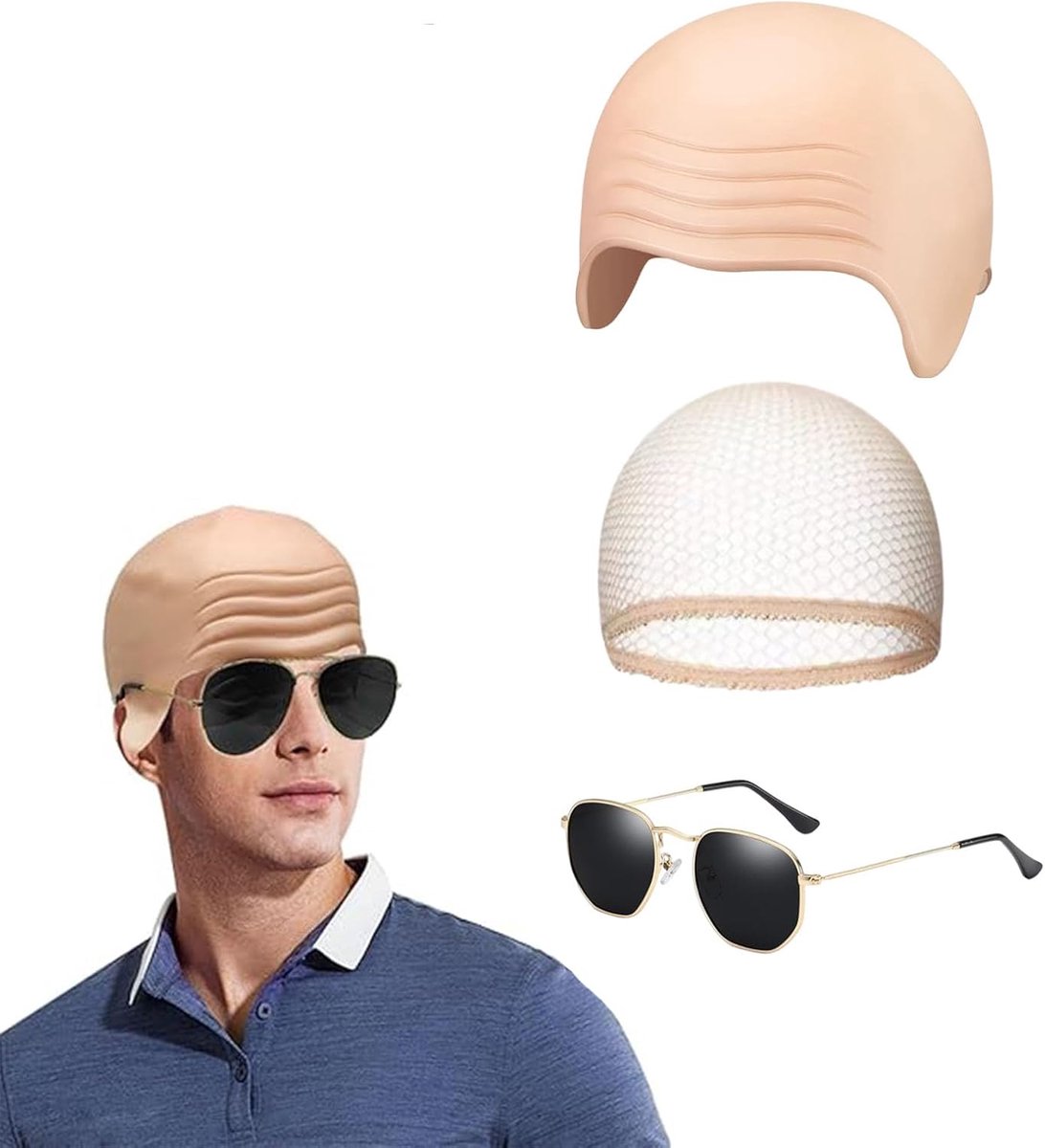 kaal pet, 1 rimpel hoofd cover en 1 mesh pruik, caps, 1 zonnebril - cosplay hoed kostuum accessoire, kale huid beroemde rapper Halloween