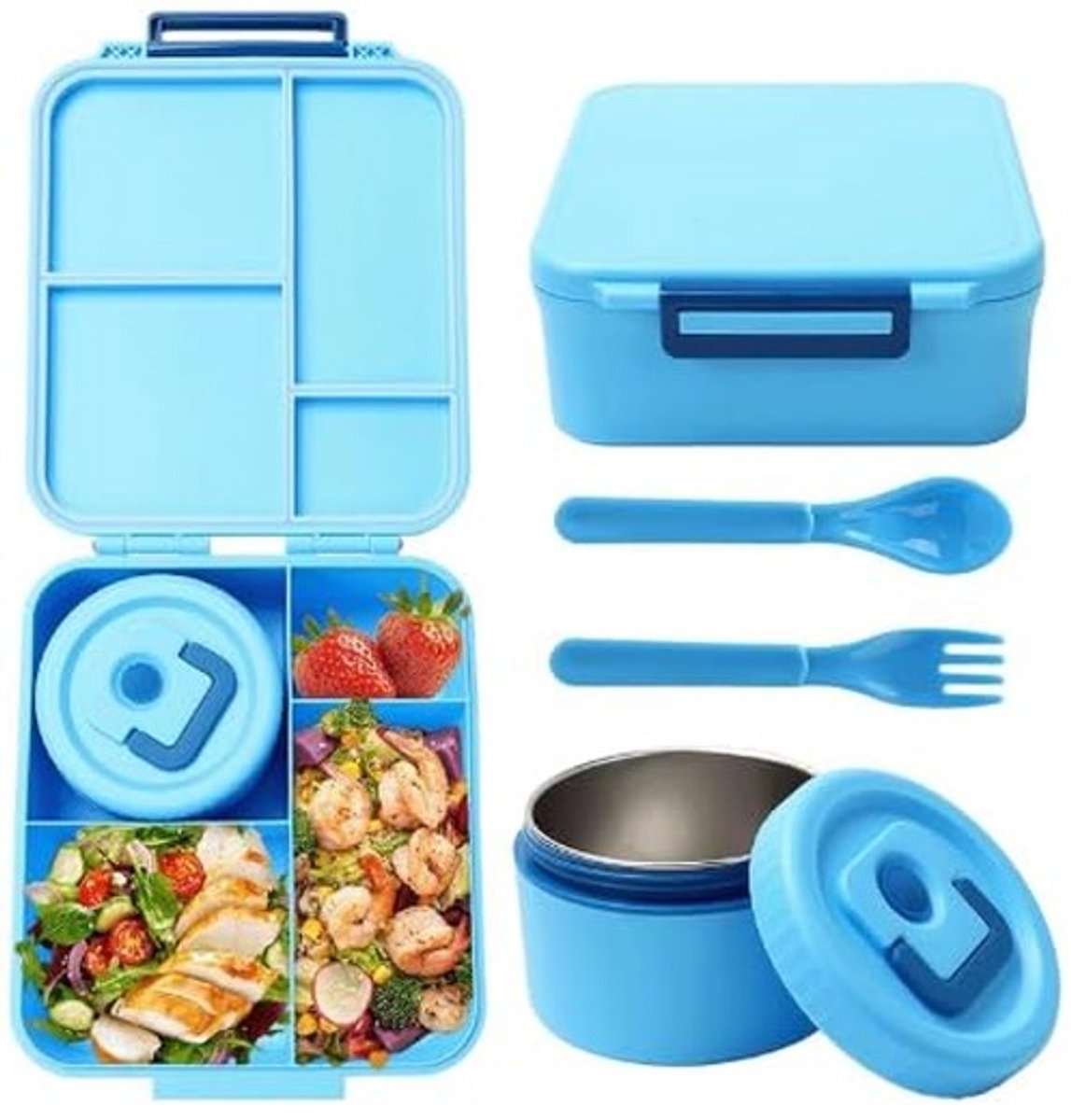 Omgoods - Lunchbox Set met 320 ml Voedsel Thermo en 4 Compartimenten, Leakproof