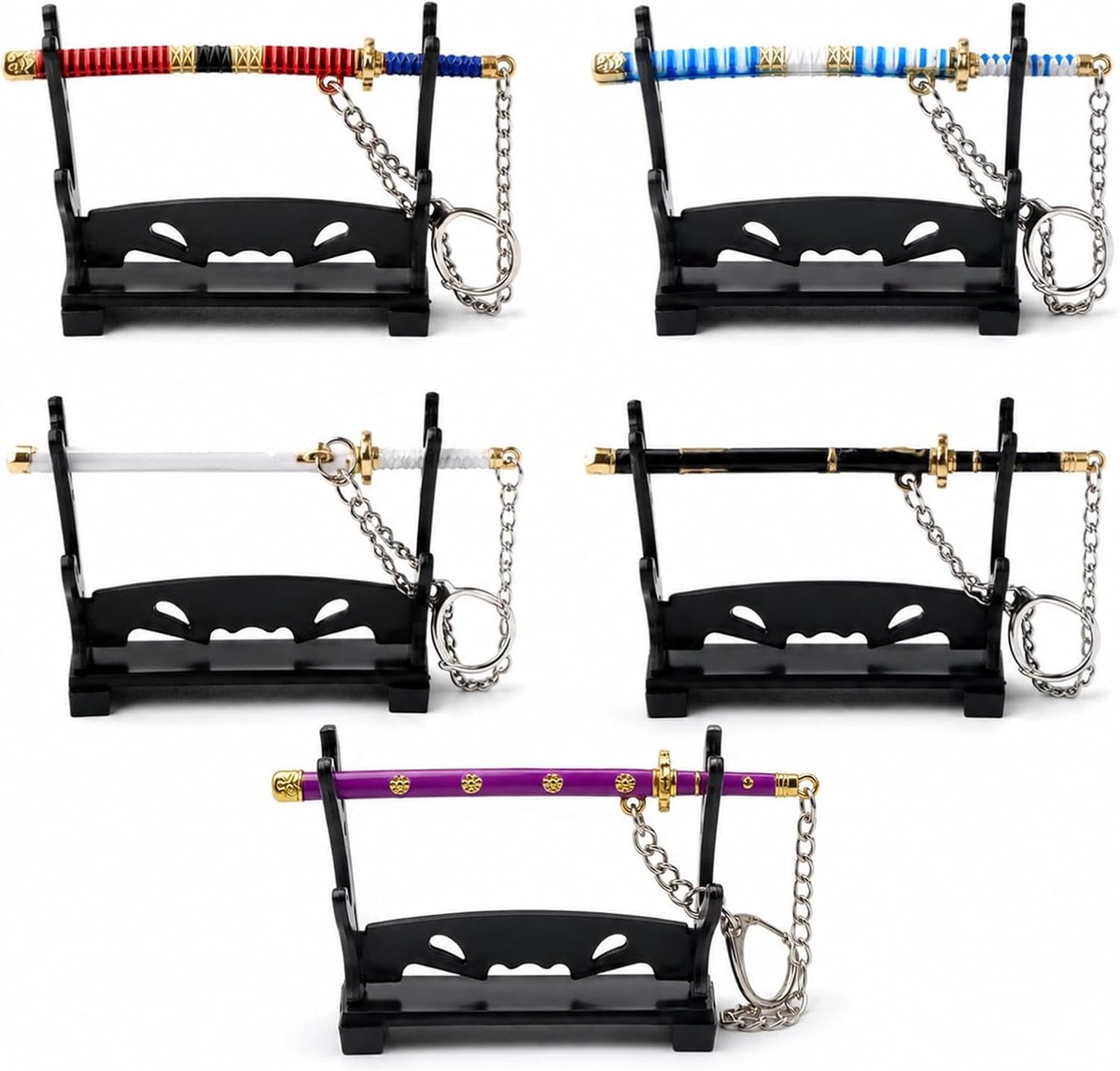 5 Stuks Anime Sleutelhanger Set 9 cm Kleine Katana Sleutelhanger | Anime Sleutelhangerset met Meshouder Fijne Sleutelhanger Tas Hanger Cadeau voor Anime Liefhebbers