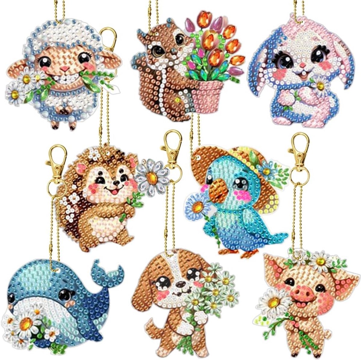 8 stuks schattige dier-diamantkunst-schilderijsets, 5D-diamantkunst-sleutelhanger, kristallen zonnevangers, DIY-hangornament