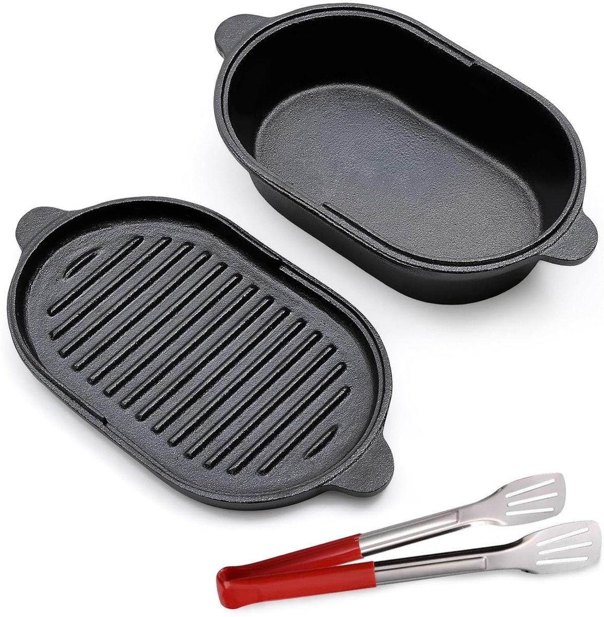 Omgoods - 2-in-1 Gietijzeren Pan Oval 23cm - Casserole met Deksel en Brood Bakpan