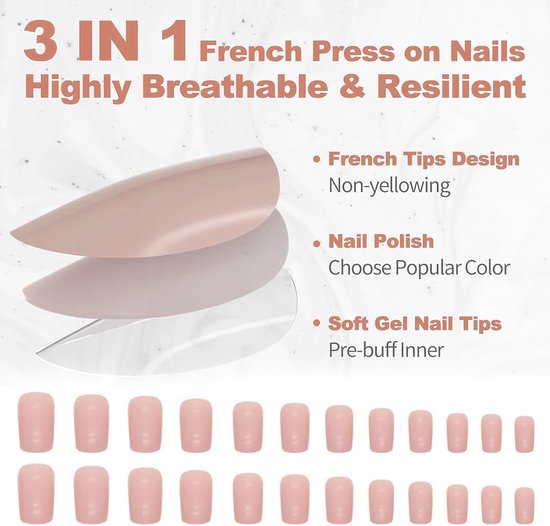 24 Stuks Press On Nails, Korte Square, Roze - Salonkwaliteit Soft Gel Nagels voor Plakken, Natuurlijk Draggevoel & 1-3 Weken Houdbaarheid — afbeelding 2