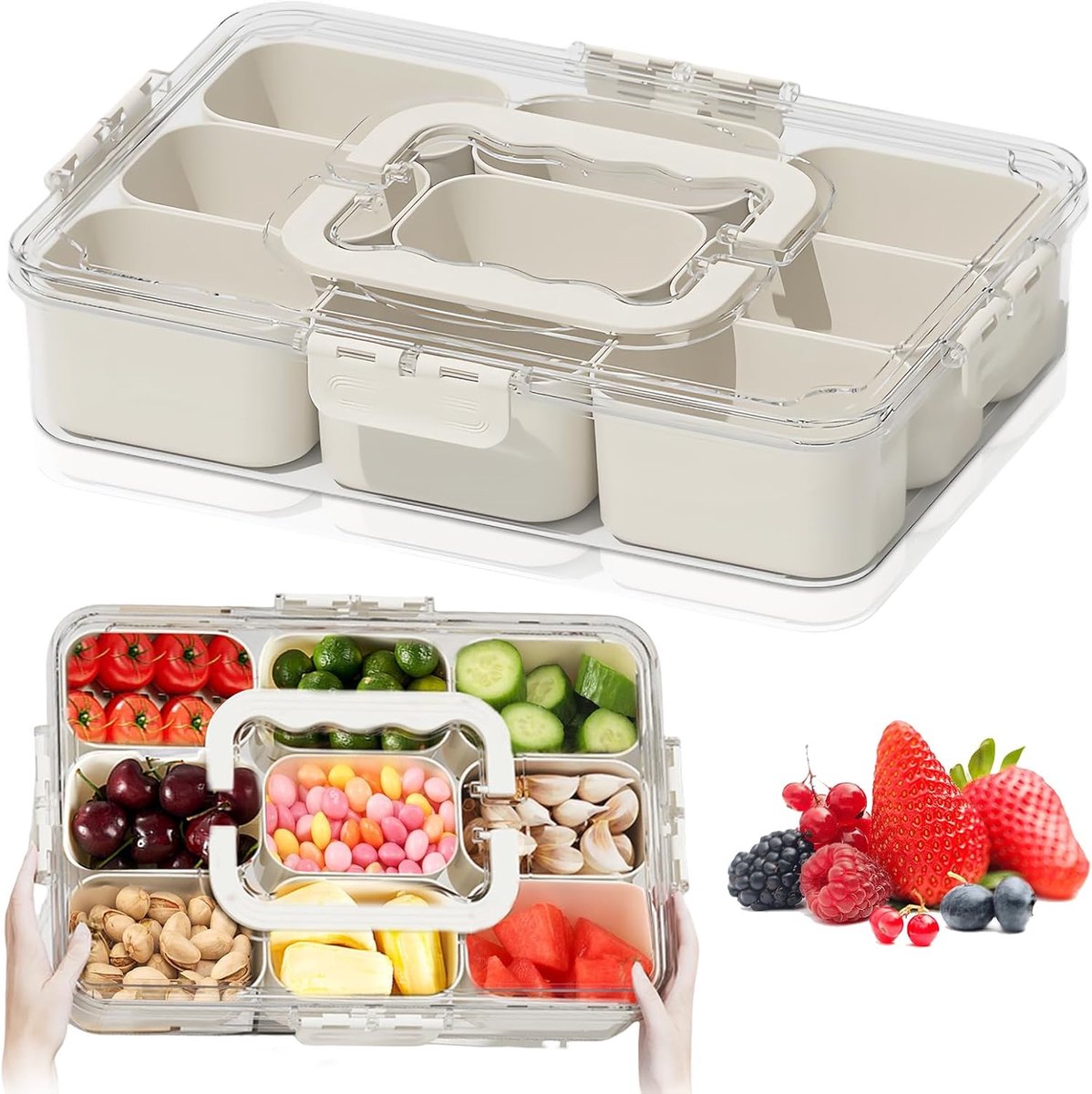 Snackbox met vakken, snackbord met deksel, set plastic snackschalen lekvrij, groot snacktablet organizer voor zoetigheden, candy, groenten, koekjes, noten, desserts, fruit