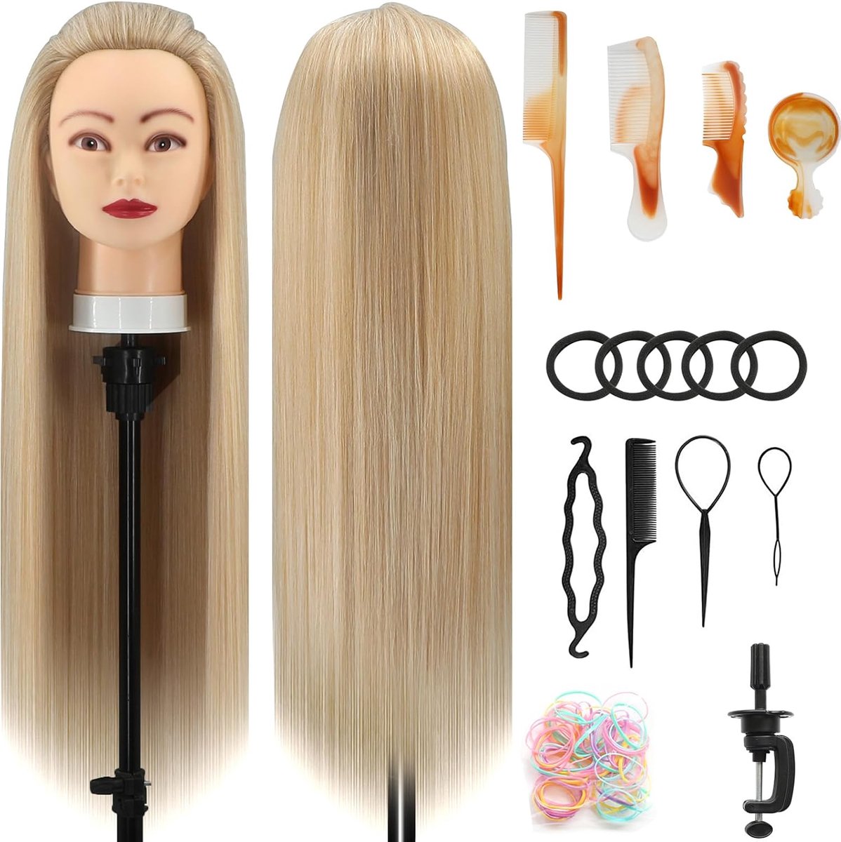 71 cm friseerhoofd voor kappers, 100% kunstvezel haar oefenhoofd, met DIY breigoedset en gratis tafelklemmen (3-60)