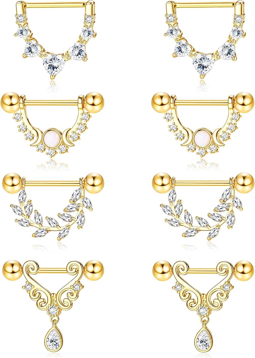 4 paar 14G tepelpiercing sieraden tepelstaven 316L roestvrij staal goud tepelstaven tepelpiercing sieraden gouden tepelringen set