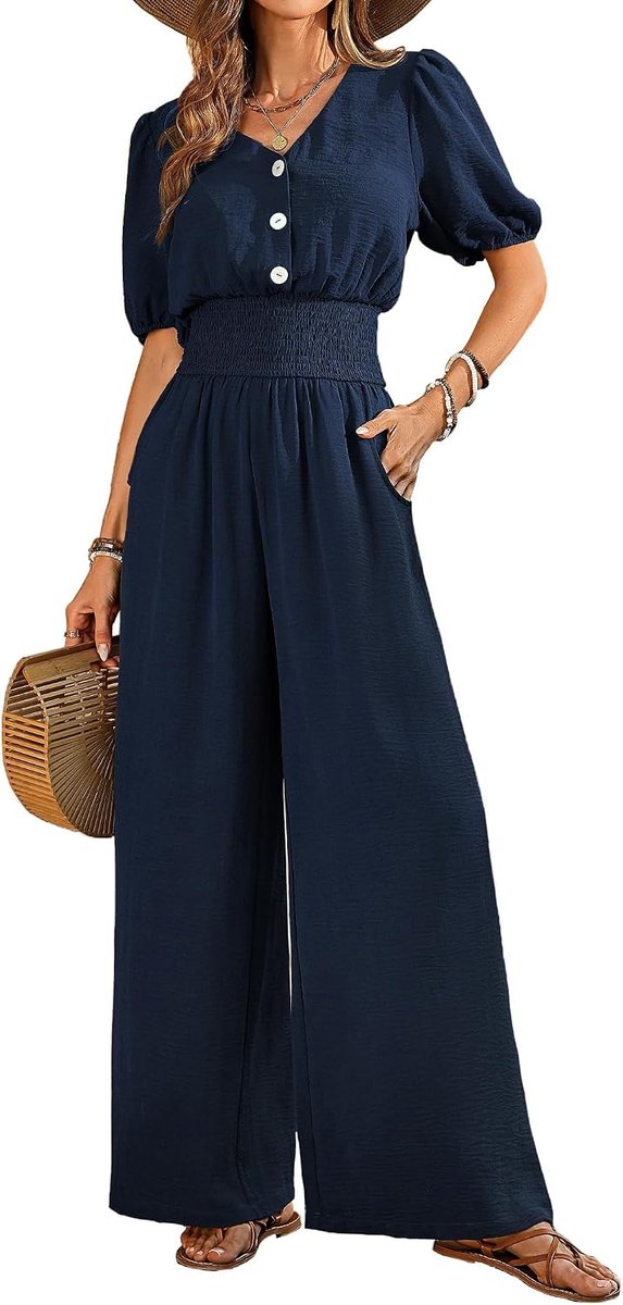 Jumpsuit voor dames, zomer, elegant, V-hals, effen, nauwsluitend, casual, los, met zakken, strandmode