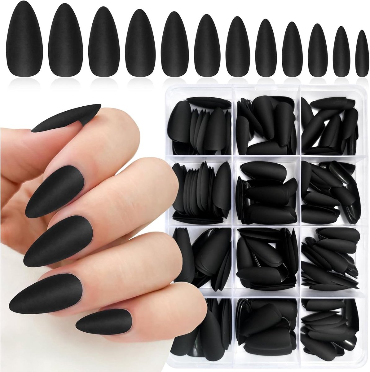 240 stuks middel amandelvormige press-on nagels zwart mat medium kunstmatige nagels volledige dekking herbruikbaar