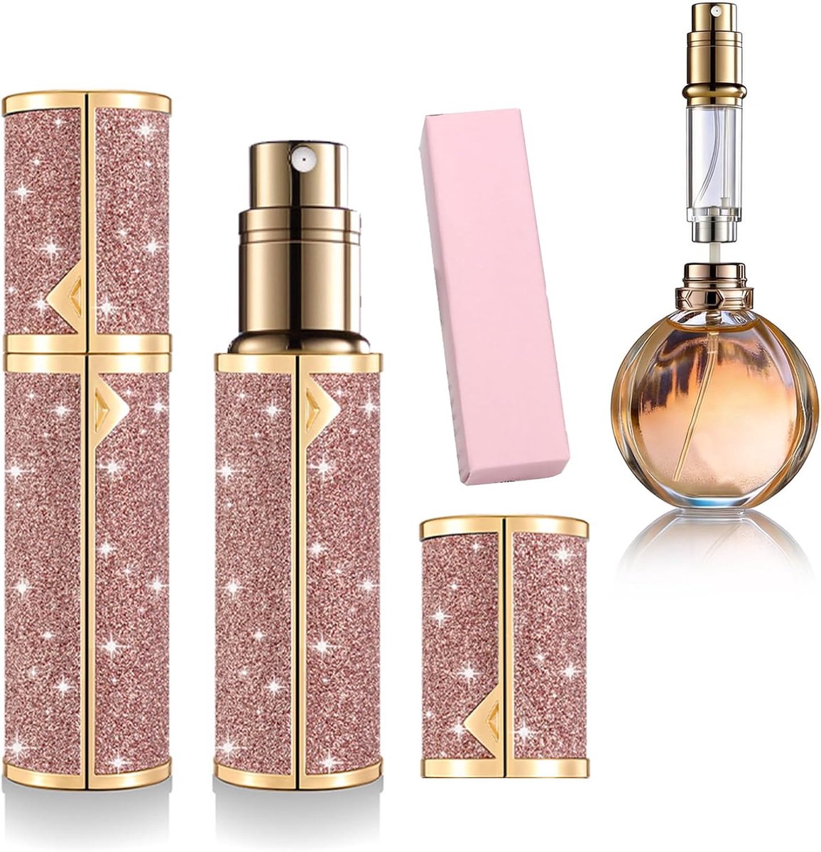 parfumverstuiver, 5 ml, 2 x 8,5 cm mini-parfumverstuiver, lekvrij, roze vloervulling, parfum, reisverstuiver, voor parfumliefhebbers, handtas, reizen, vakantie, vliegreizen