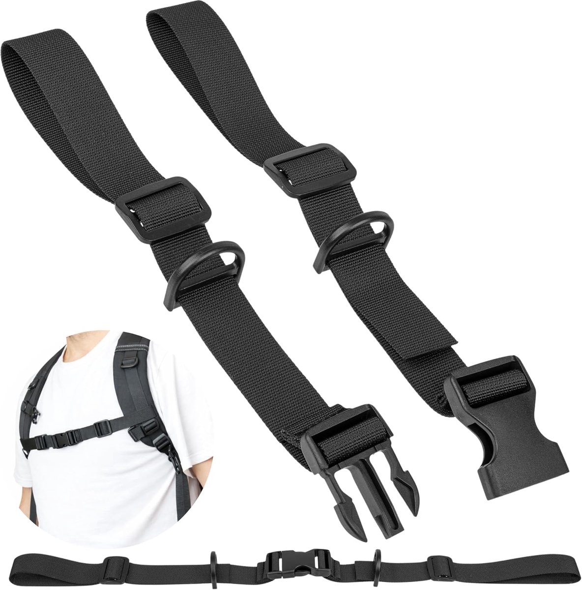 borstband voor rugzak, in zwart, voor kinderen tot volwassenen, voor 10-55 cm borstriembreedte, voor het achteraf inbouwen van wandelrugzak, schooltas, rugzakriem, riem bovenrugzak