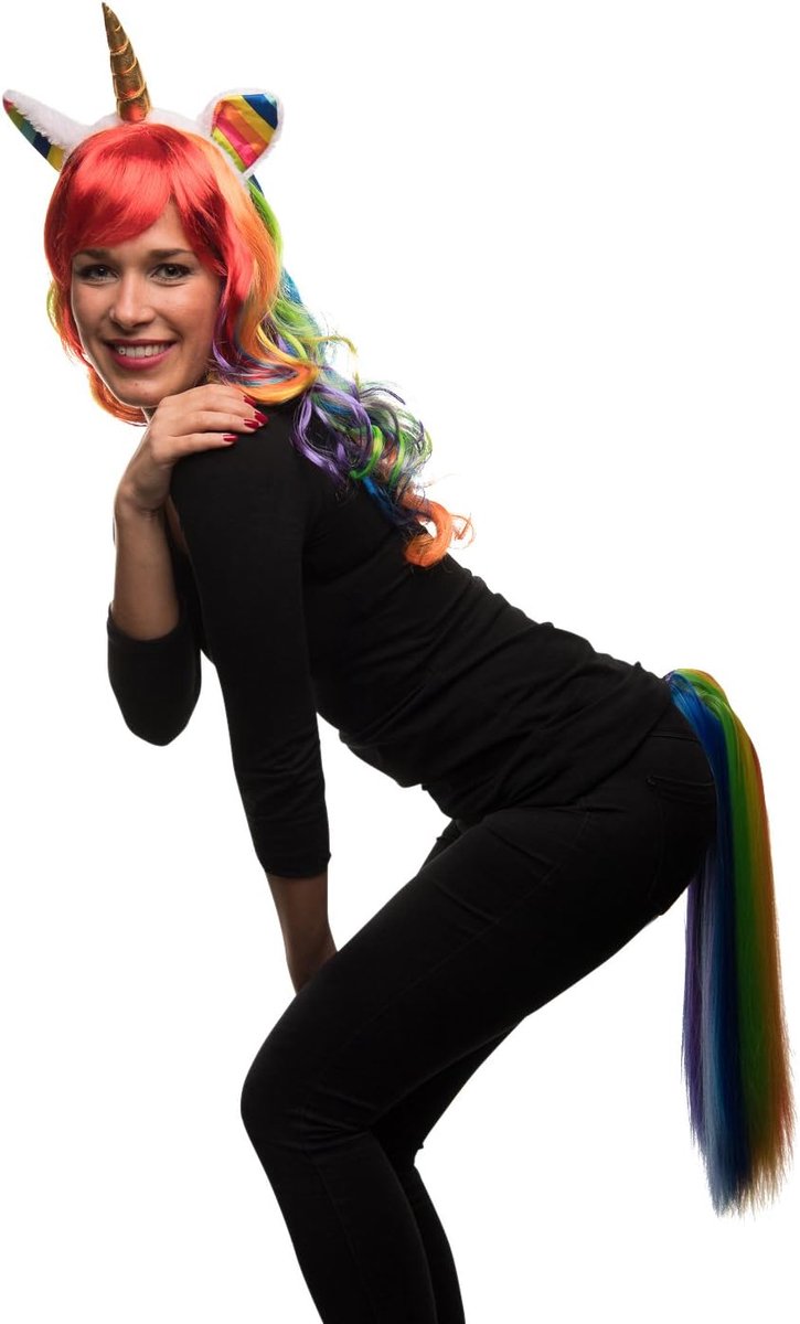 Eenhoornkostuumset: regenboog, eenhoornpruik, hoofdband, paardenstaart, voor volwassenen, uniseks, carnaval en verkleedkleding