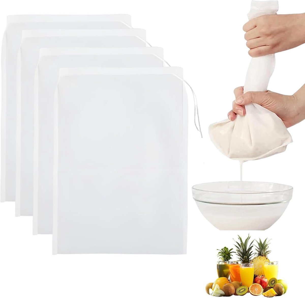 4 notenmelkzakken, 30 × 20 cm, nylon, fijnmazige passeerdoek, fijnmazig filter met trekkoord, filterzak voor zelfgemaakte kaas, fruitsap en groentesap, wasbaar en herbruikbaar