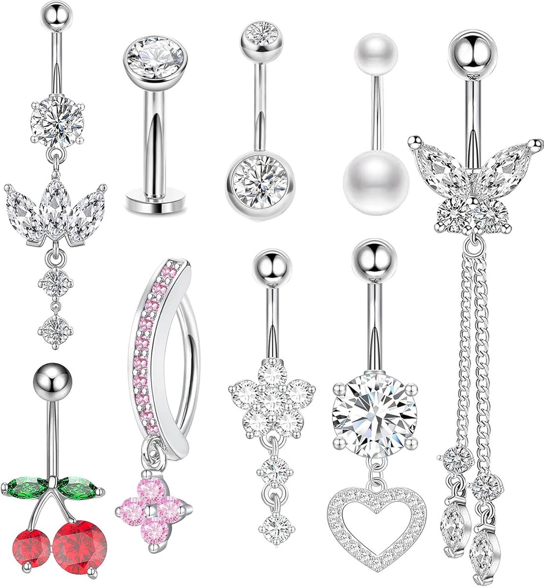 14G Navelring Hanger Chirurgisch Roestvrij Staal Clicker Navelpiercings Zwevende Navelpiercing Schattige Kers Vlinder Hart Navelring