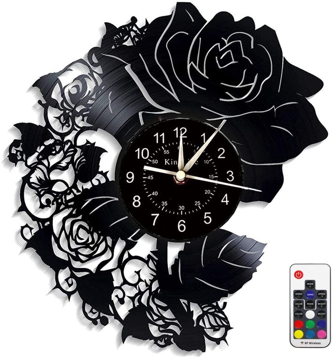 Omgoods - Vinyl Wandklok met LED en Klassiek Zwart Rozen Design - Unieke Wanddecoratie