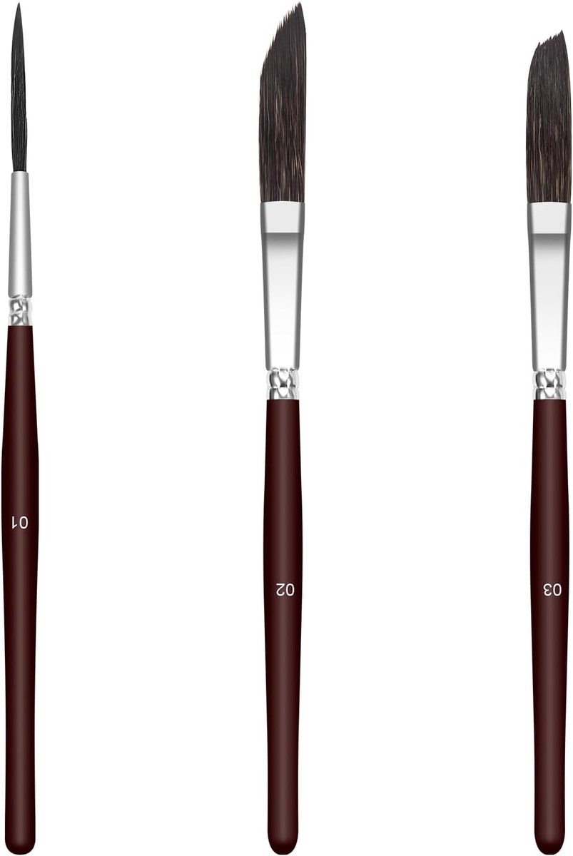 Brush 3 Size Kit (01, 02, 03) - Hoogwaardige stripborstels met maatverfbeker, krijtstrepen, blauwe eekhoornhaar, teken, belettering, professionele kunstbenodigdheden