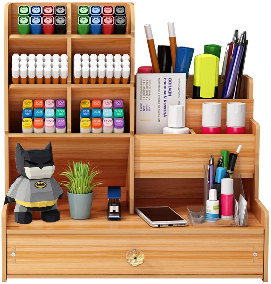 Omgoods - Houten Desk Organiser met Lades - Multifunctionele Pennenhouder voor Kantoor en Thuis (B17-Bruin)